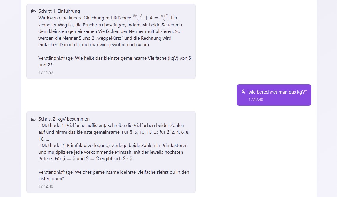 AI Tutor zeigt den Lernstand in kleinen Schritten und passt Aufgaben an Tempo und Fehler an.