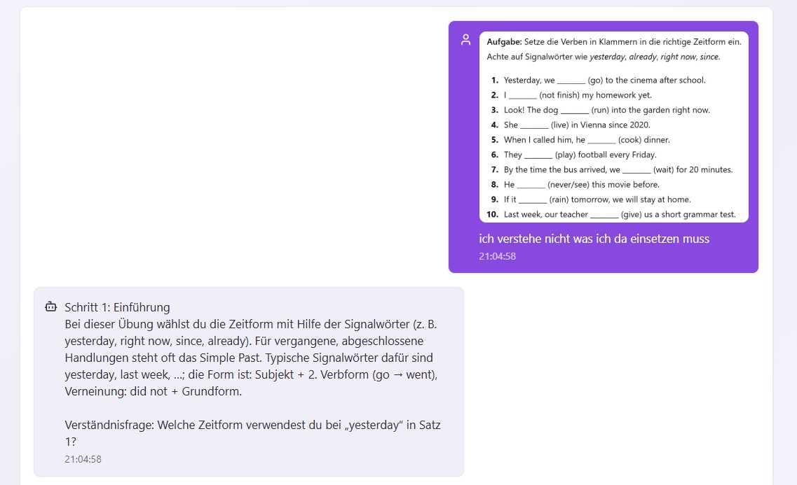 AI Tutor mit hochgeladener Englischaufgabe und Erklärung zur passenden Zeitform.