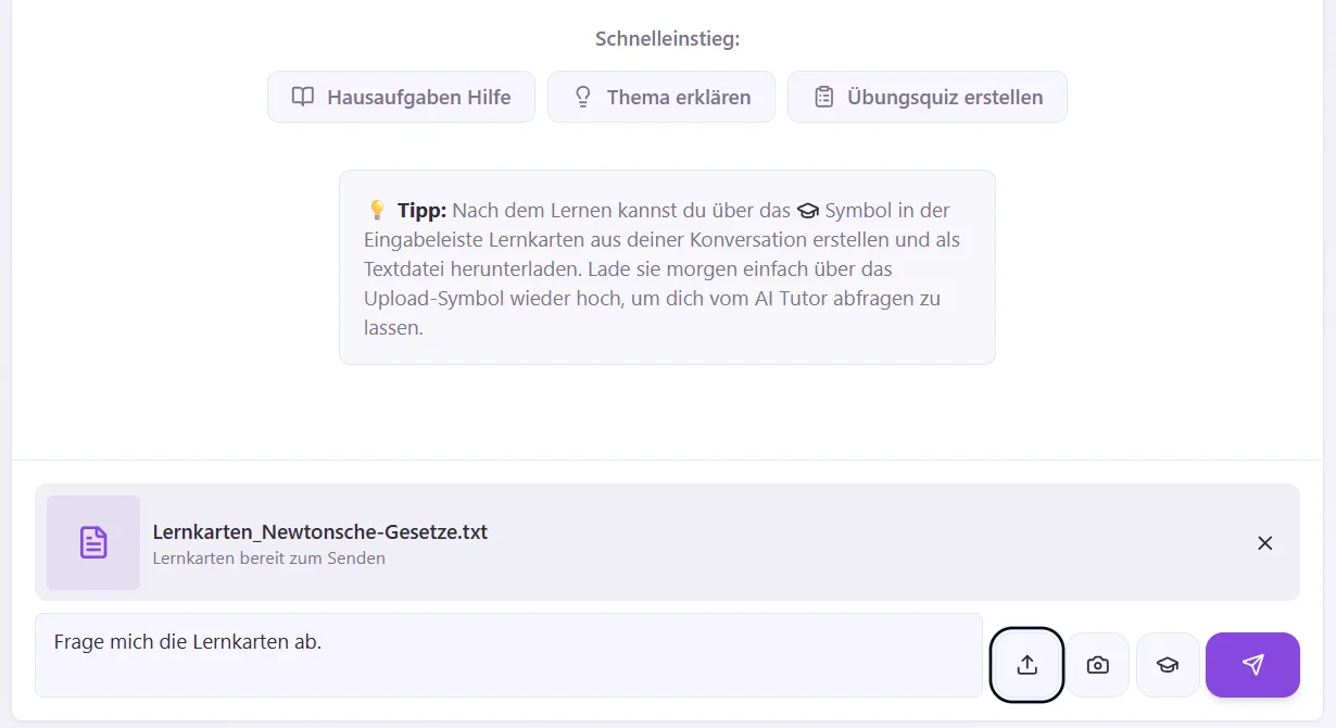 Screenshot aus dem AI Tutor: Ein neuer Chat wird mit hochgeladenen Lernkarten gestartet.