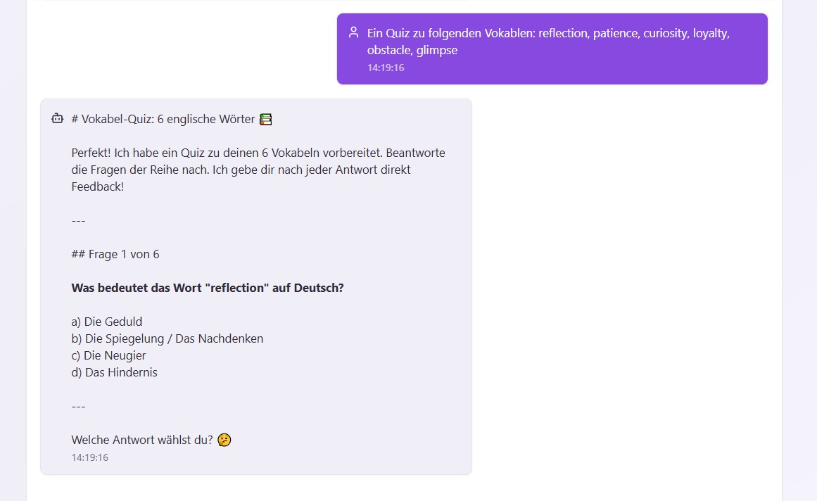 Ein Mini Quiz vom TutorPlai AI Tutor: Kinder vertiefen Englisch Vokabel spielerisch.