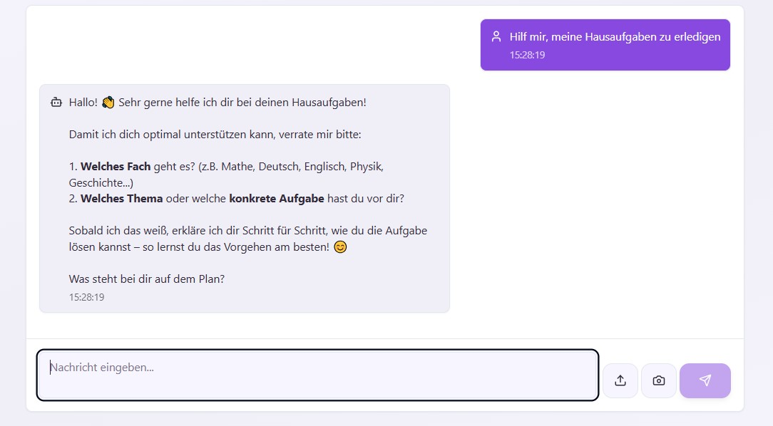 AI Tutor Schnelleinstieg Hausaufgabenhilfe: Der Tutor stellt kurze Fragen zum Fach, zur Aufgabe und zum bisherigen Verständnis.