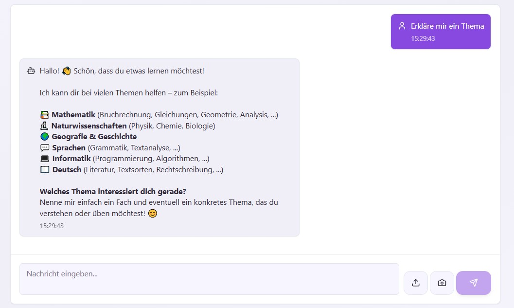 AI Tutor Schnelleinstieg Thema erklären: Fragen nach Fach, Thema und Klassenstufe für eine passende Erklärung.