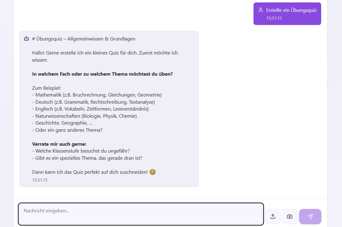 AI Tutor Schnelleinstieg Übungsquiz: Auswahl von Fach und Thema, danach erstellt der Tutor kurze Quizfragen.