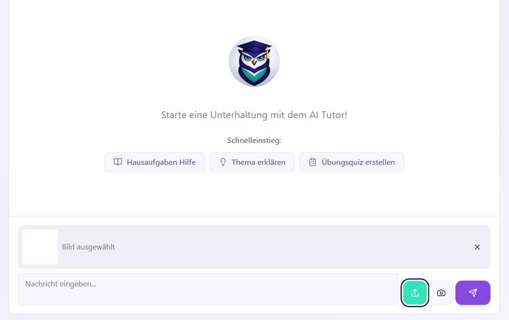Upload und Kamera im AI Tutor: Aufgaben als Datei, Screenshot oder Foto hochladen.