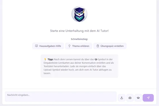 Startansicht des AI Tutors mit Quicklinks und Hinweis auf die neue Funktion zum Erstellen von Lernkarten
