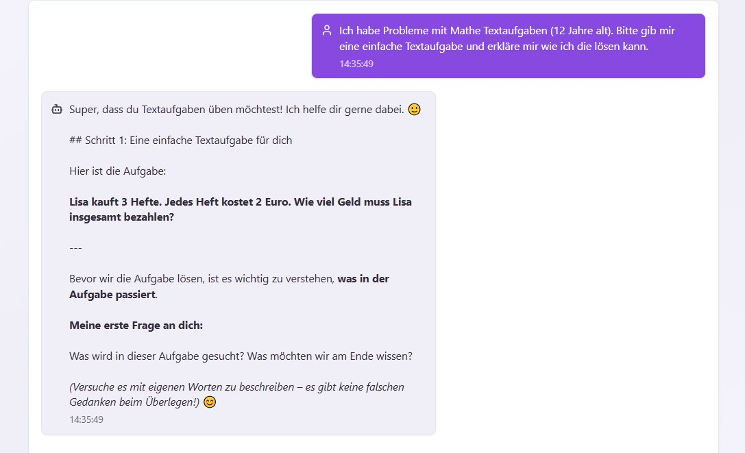 AI Tutor von TutorPlai: Eine Mathe Textaufgabe wird Schritt für Schritt erklärt, ohne sofort die komplette Lösung vorzugeben.