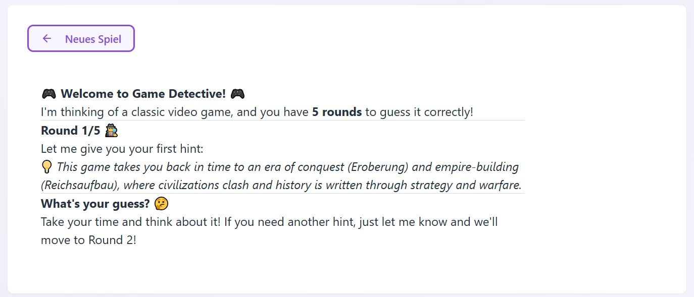 Game Detective mit englischem Hinweis und deutscher Worterklärung direkt im Spiel.