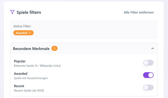 Ansicht mit beliebten Spielen zur Auswahl