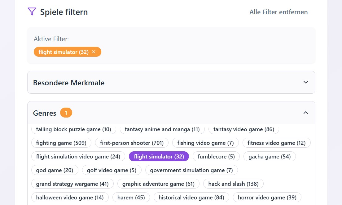 Game Detective mit Filtern: Kinder können die Spielauswahl gezielt nach Genre und weiteren Kriterien eingrenzen.