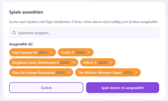 Ansicht zum eigenen Auswählen von Spielen