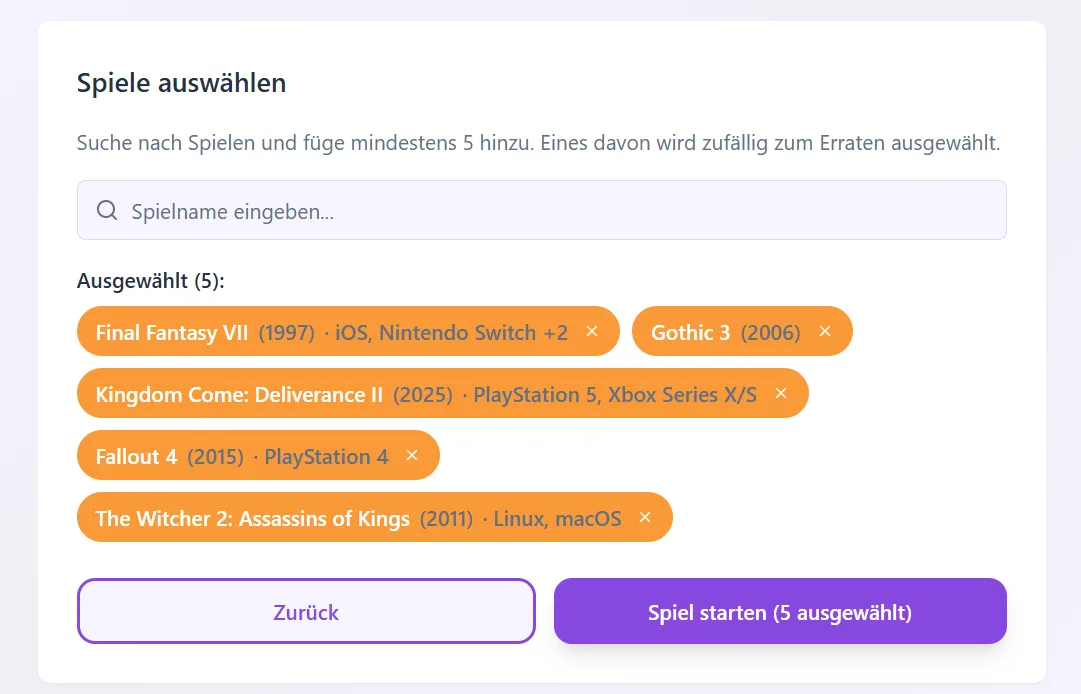 Game Detective mit Suchfunktion: Einzelne Spiele können direkt gesucht und gezielt ausgewählt werden.