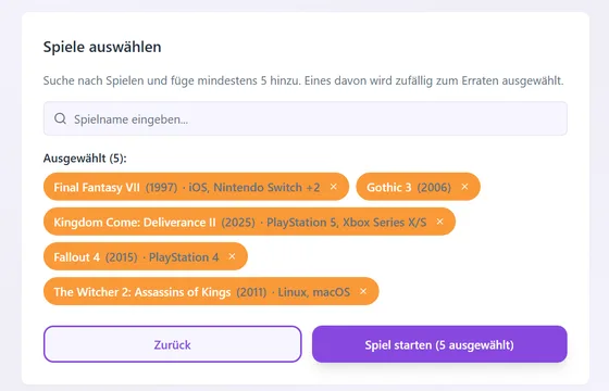 Ansicht zum eigenen Auswählen von Spielen