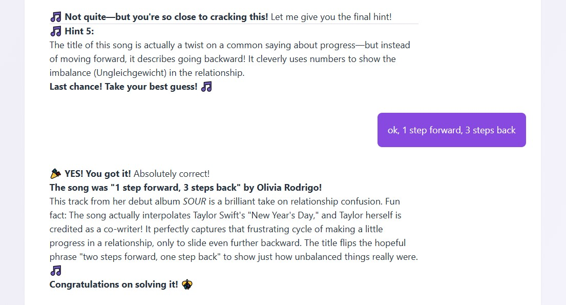 Guess the Song Spielansicht: KI Hinweis mit englischem Wort und deutscher Übersetzung in Klammern.
