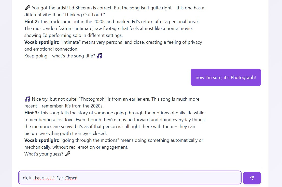 Screenshot von Guess the Song mit Hinweisen zu einem englischen Song und Multiple-Choice-Antworten.