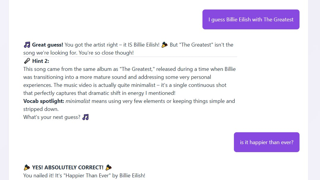 Screenshot des Guess the Song Spiels beim Raten von Künstler und Songtitel