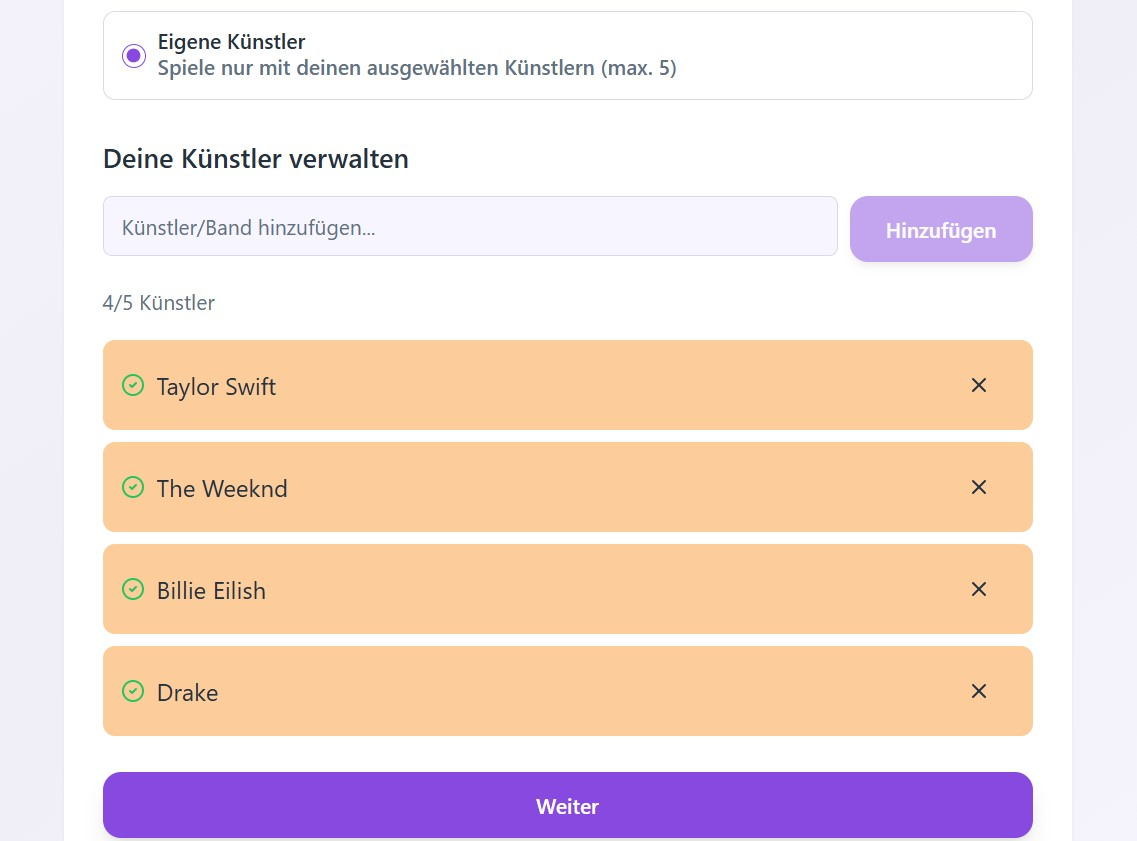 Guess the Song in TutorPlai: Eigene Lieblingskünstlerinnen und Lieblingskünstler für die Lernrunde auswählen.