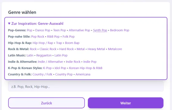 Eingabe des gewünschten Genre und Inspiration durch vorgeschlagene Genres
