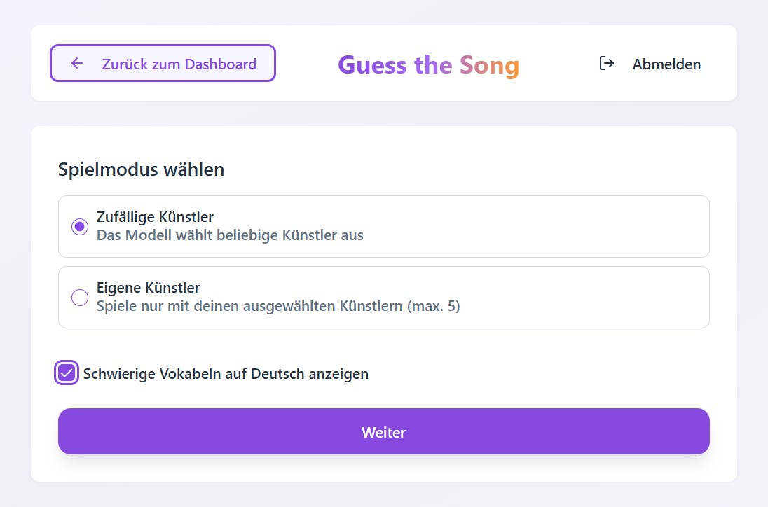 Guess the Song Setup mit Checkbox: schwierige Vokabeln auf Deutsch anzeigen.