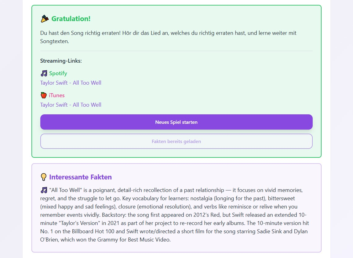 Guess the Song Auflösung: Am Ende des Spiels erfolgt die Auflösung und interessante Fakten zum Lied.