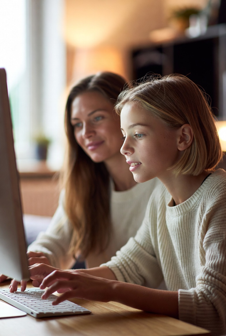 Mutter und Tochter sitzen auf der Couch mit dem Tablet spielen gemeinsam Game Detective