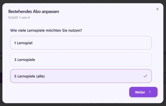 Abo-Wizard zur Auswahl und Buchung eines Lernspiels