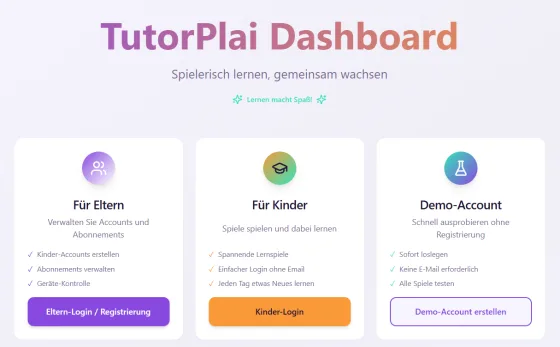 Bildschirm mit Eltern Login und Kinder Login