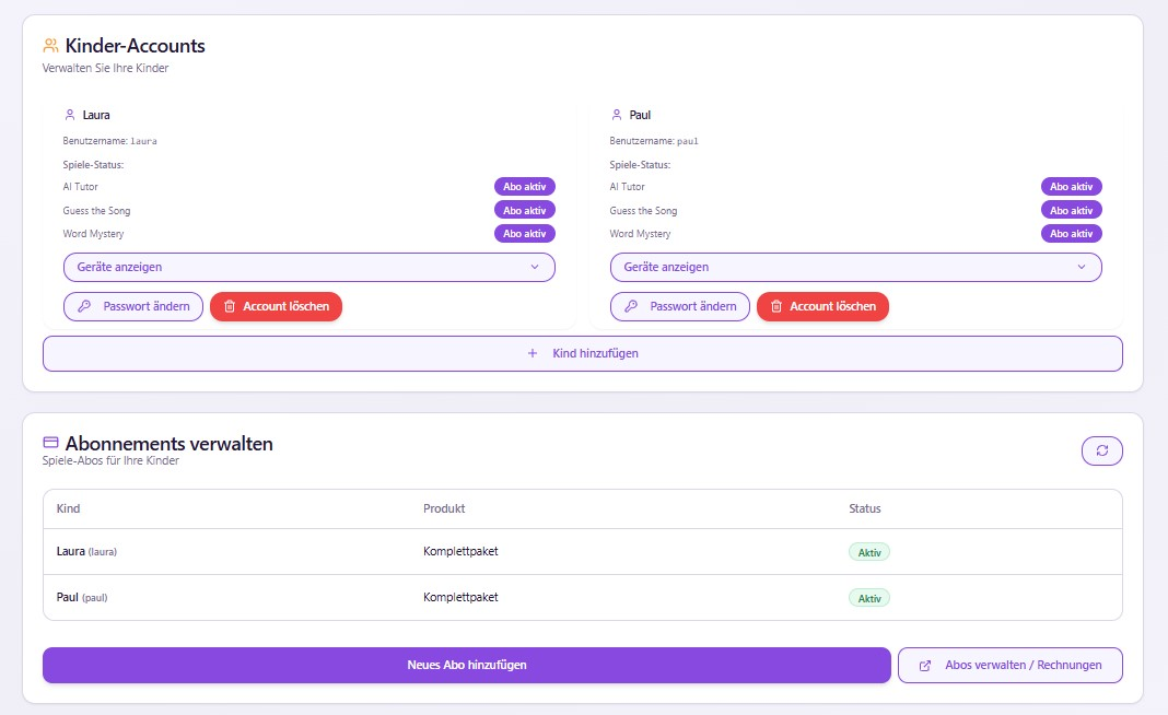 Screenshot des Dashboards mit allen registrierten Kindern und Abos