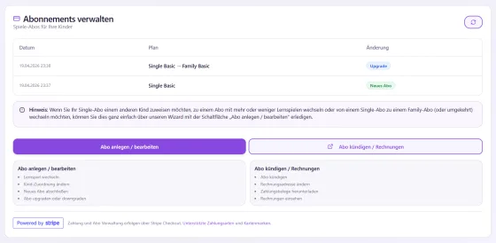 Sponsor-Dashboard mit Übersicht über gebuchte Lernspiele und Abos