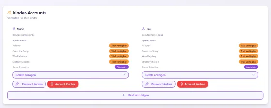 Sponsor-Dashboard mit Übersicht der angelegten Kinder-Accounts