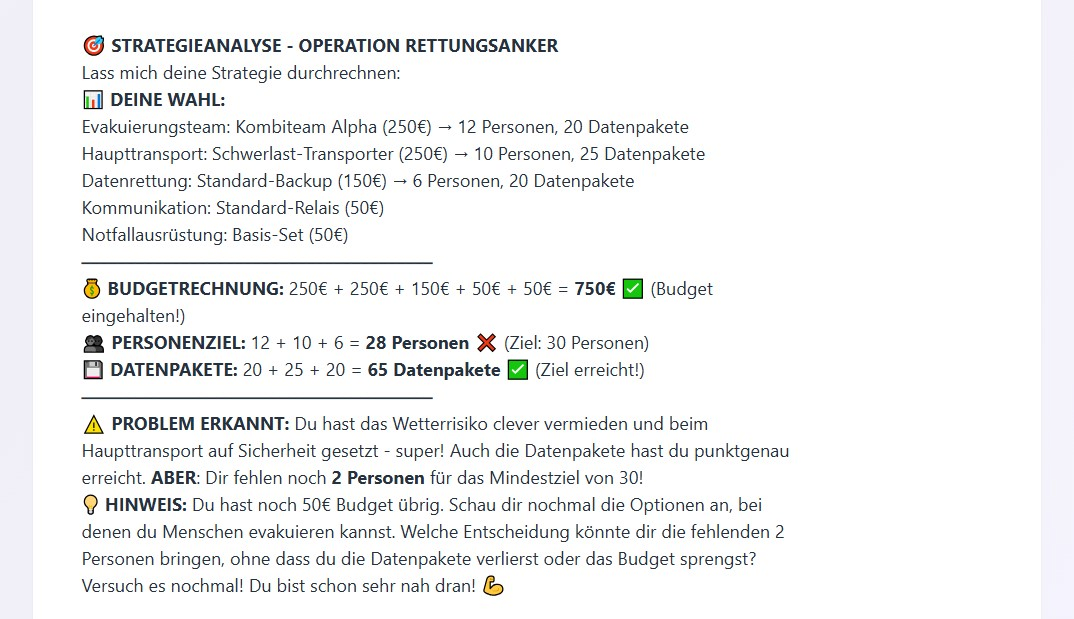 KI-Feedback in Strategy Mission: Die Rückmeldung erklärt verständlich, warum eine Entscheidung gut funktioniert oder verbessert werden kann.