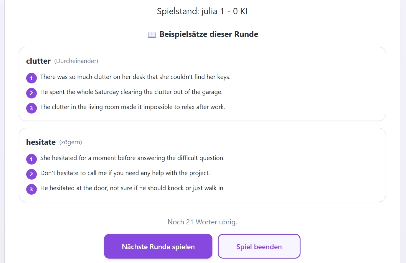Word Mystery zeigt nach einer Runde Beispielsätze zu den gespielten Vokabeln.