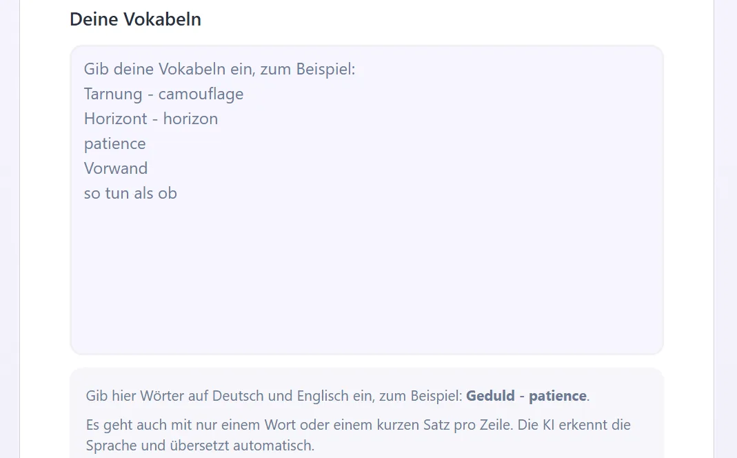 Word Mystery Bildschirm mit Textfeld zur Eingabe eigener Englisch Vokabeln.
