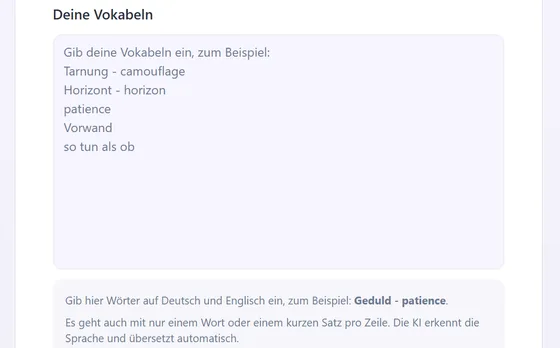 Bildschirm mit Textfeld zur Eingabe eigener Vokabeln