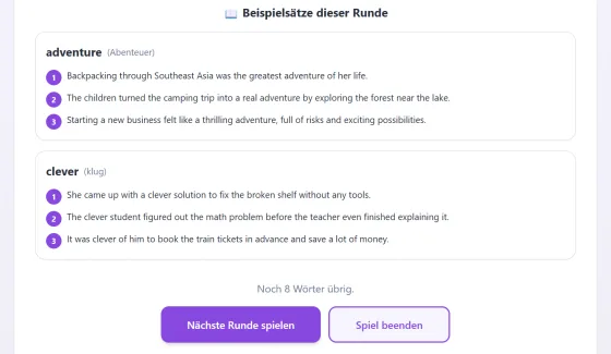 Übersichtsseite mit gelernten Vokabeln und Beispielsätzen zur Wiederholung