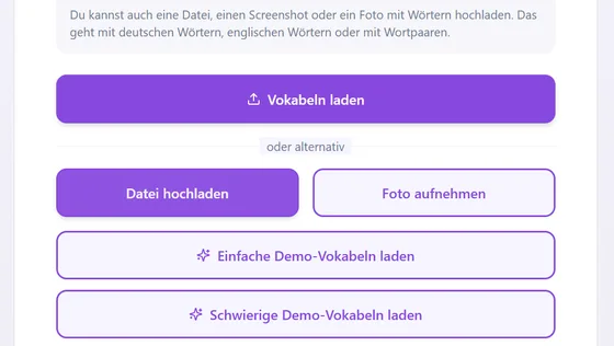 Ansicht mit Laden von Vokabeln aus Textfeld, Screenshot, Datei oder Foto