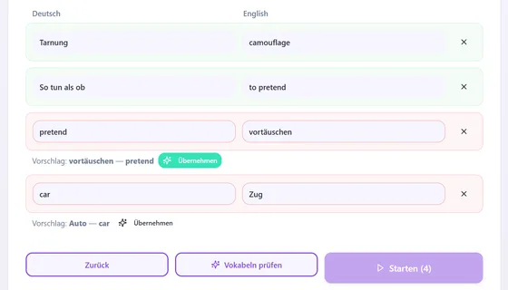 Bildschirm zum Prüfen, Übersetzen und Übernehmen eingegebener Vokabeln