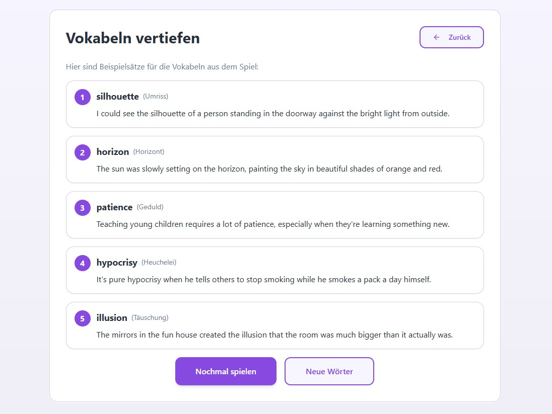 Word Mystery in TutorPlai: Vokabeln werden nach einer Runde mit Beispielsätzen wiederholt und vertieft.