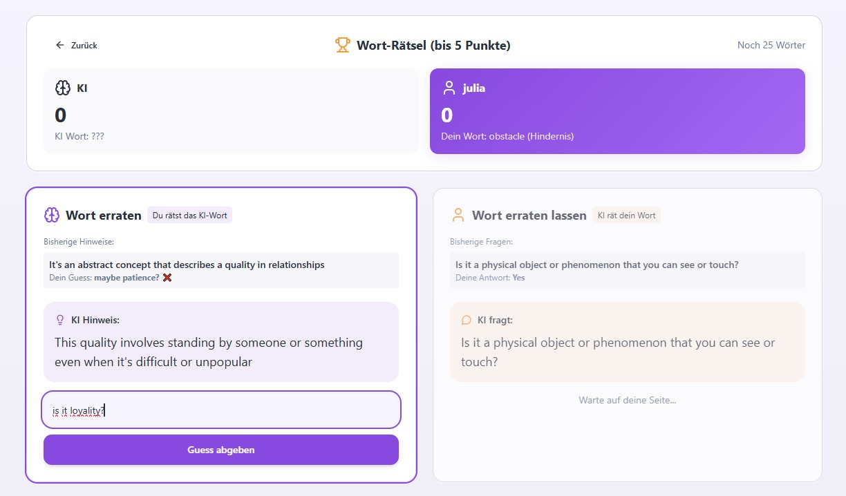 Screenshot des Word Mystery Spiels mit abwechselnd geratenen Geheimwörtern